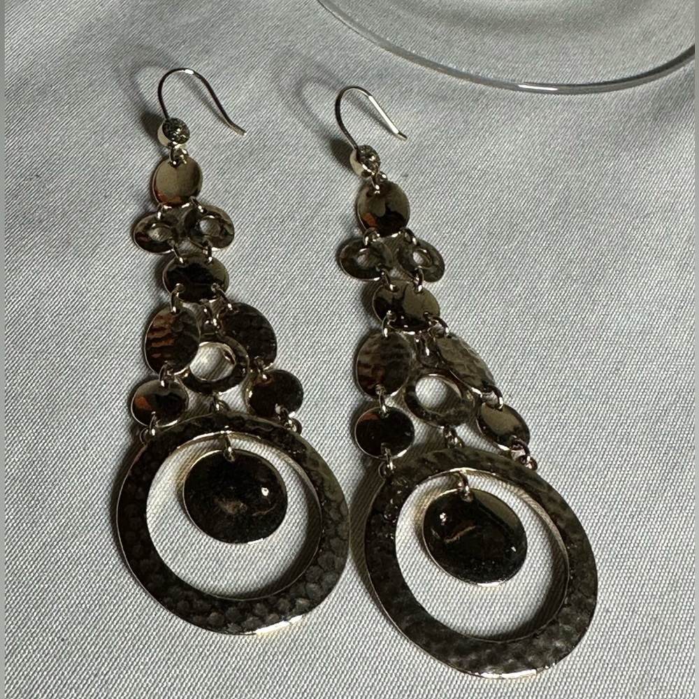 Long goldtone hammered dangling earrings